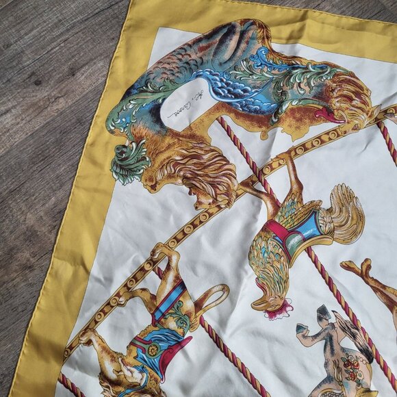 VTG AC Andre Claude Canova Carousel of Horses Silk Scarf Gold Colorful Old Money - Picture 3 of 9